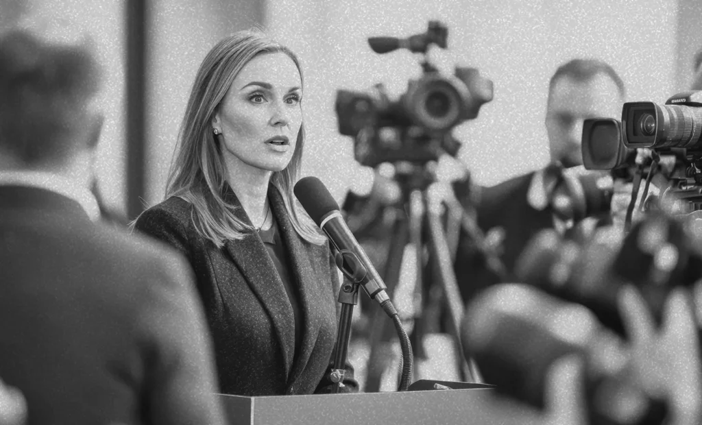 woman speaking at a podium into a microphone in front of a group of people with cameras