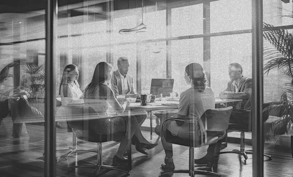 a group of people sitting at a large table looking at laptops