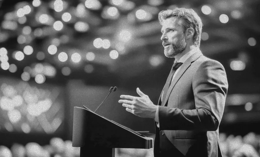 man speaking at podium in front of a crowd