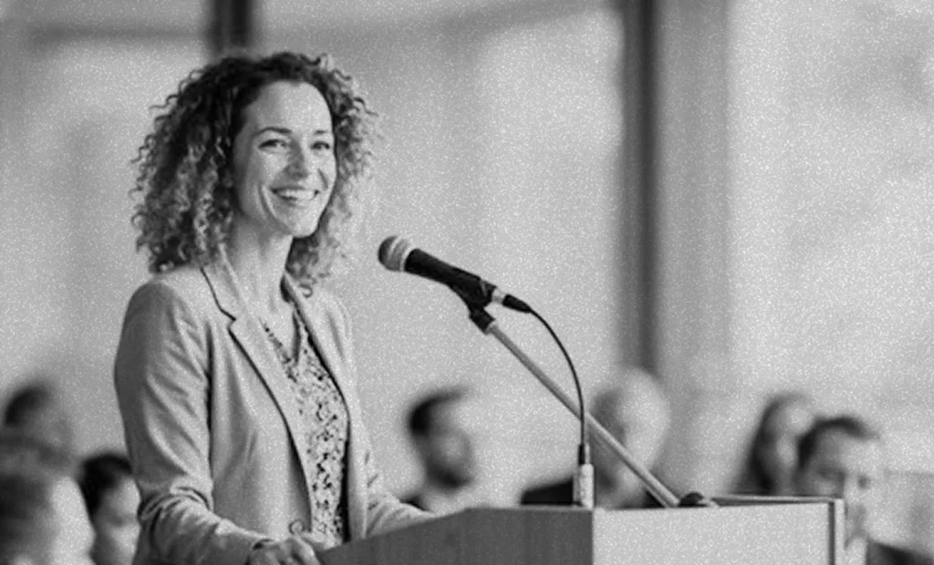 Woman in office attire smiling and standing at a podium in front of a group of people.